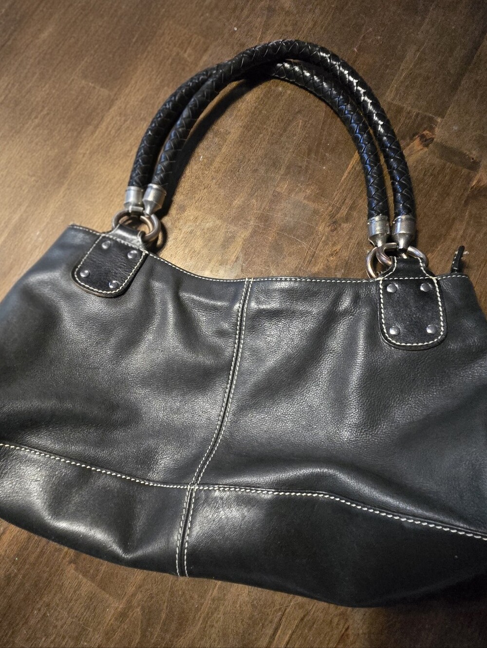 Vintage Fossil Black Pebbled Leather Braided Shoulder Bag #75082